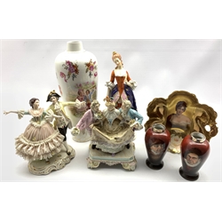 German porcelain group of three courtly figures H20cm, modern Dresden figure group, pair of small vases with silver collars, German porcelain figure of a lady and two other items (7)