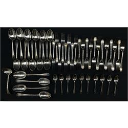 Quantity of Mappin and Webb Princes Plate table cutlery with beaded decoration comprising twelve table forks, eight dessert forks, eleven dessert spoons, ten teaspoons, four table spoons and a sauce ladle (46)