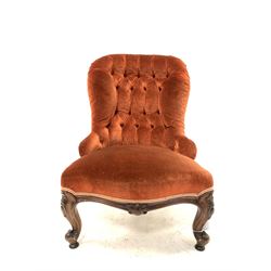 Victorian walnut framed button back upholstered chair, raised on scrolled and floral carved cabriole supports W60cm