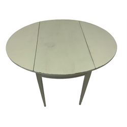 19th century painted mahogany pembroke table, oval drop-leaf top, fitted with single drawer, raised on square tapering supports, in pale laurel green finish