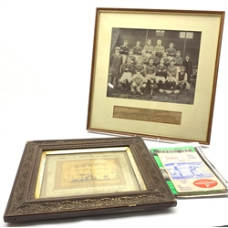  Two photographs of the GB RLFC team 1951, postcard size annotated verso, reprint of a photograph of York RLFC 1930-1, Edwardian cabinet portrait of a Rugby League player wearing cap dated 1904-5, signed photo. of Ken Owens and a photo of Arthur Keegan & Johnny Whiteley together with four 1960s-70s Rugby League programmes signed Derek Turner, Alex Murphy, Neil Fox, Roger Millward etc and a Victorian monochrome photo of Hull Kingston Rovers Football Club season 1896-7 Winners of the Yorkshire Cup and Championship, framed, 19cm x 23.5cm and framed photograph of Hull KR Rugby League reserve team 1909-10 with list of players  