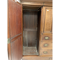 Edwardian walnut triple wardrobe, dentil cornice over two inlaid panelled doors and three graduated drawers, flanked by two mirrored doors enclosing interiors fitted for hanging, two drawers under, W189cm, H192cm, D57cm