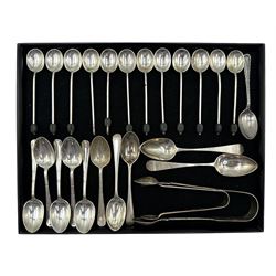 Set of twelve silver bead knop coffee spoons Sheffield 1915 (one bead missing), set of six silver tea spoons Sheffield 1916, five various silver tea spoons and two pairs of sugar tongs 9.9oz