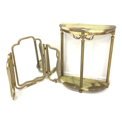 1970s vintage green onyx and gilt metal two tier console table (W61cm, H75cm, D24cm), and a gilt framed triple dressing table mirror