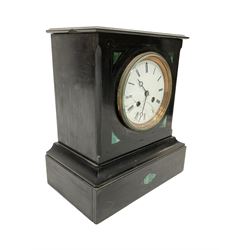 French - 8-day slate mantle clock in a Belgium slate case inlaid with malachite, flat top case on a rectangular plinth, white enamel dial with Roman numerals and minute markers, steel moon hands within a brass bezel, striking movement striking the hours on a bell. No pendulum.