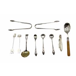 Pair of Victorian silver salt spoons and matching mustard spoon Sheffield 1897, silver sifting spoon with gilded bowl, silver and mother of pearl fruit knife, two pairs of silver sugar tongs etc