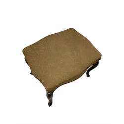 Victorian stool, top upholstered in ivory fabric, raised on cabriole supports