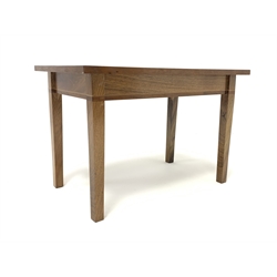 20th century walnut coffee table, rectangular top with fan inlaid spandrels, on square supports, 45cm x 75cm, H50cm