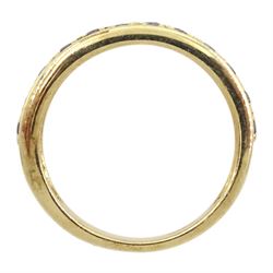 9ct gold channel set round aquamarine half eternity ring, hallmarked