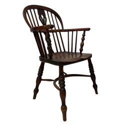 19th century elm and ash Windsor chair, low hoop stick back with pierced splat, dished seat raised on ring turned supports joined by crinoline stretcher