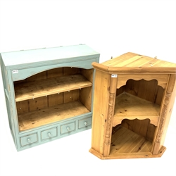  Painted pine wall rack with two open shelves over four spice drawers, (W74cm) and a pine wall hanging corner cupboard with two shelves, (W71cm)  
