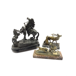  Spelter Marly horse group H27cm, Spelter 'Stag' table lighter on a marble base L14cm and a brass bullfight group on marble base L19cm