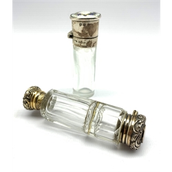 Silver scent flask with floral enamel hinged lid Birmingham 1920 and a clear glass double ended scent flask with gilt metal covers