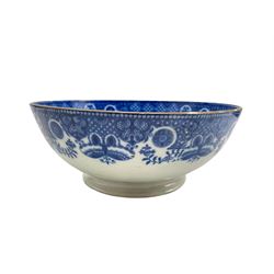 Early 19th century bowl printed in blue with a portrait of Nelson, emblems and verse with a geometric, floral and butterfly border D22cm