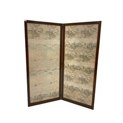 Edwardian mahogany screen, the two panelled hinged screens, with Japanese style fabric decoration H176c, 