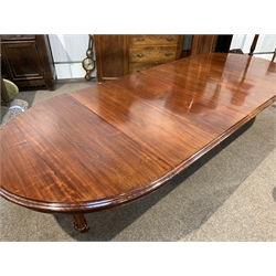 Large Victorian mahogany extending dining table, 'D' ended, with four additional leaves, raised on tapering turned and fluted supports with brass cup and ceramic castors,   146cm x 175cm, H72cm (Closed) L375cm when extended