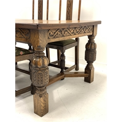 Early 20th century English oak dining table, rectangular top over scrolled foliage carved frieze, turned and carved cup and cover supports joined by angular moulded stretchers (178cm x 101cm, H76cm), and set five (4+1) high back dining chairs with scroll and leaf carved cresting rail and backs upholstered drop in seats