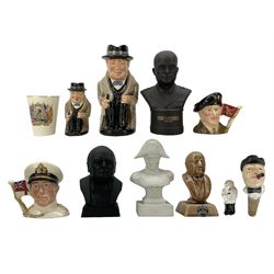 Winston Churchill items including two Doulton character jugs, larger H23cm, Kindness whisky bottle, cork bottle spirit pourer etc., Wedgwood black basalt bust of Dwight D Eisenhower, two Doulton character jugs Montgomery and Mountbatten and other items