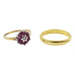 9ct gold ruby and diamond cluster ring and an 18ct gold wedding band, both hallmarked