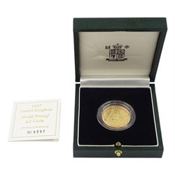 Queen Elizabeth II 1997 gold proof two pound coin, cased with certificate