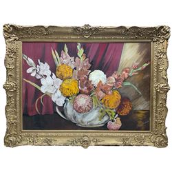 English School (early 19th century): Still Life of Gladiolas and Peonies, gouache signed Jean An*** 60cm x 86cm in heavy gilt frame