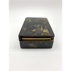 19th century Chinese Export lacquer games box containing various sized stained and plain gaming counters, L12cm 