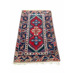 Hand knotted Persian Hamadan rug, triple medallion bordered with a geometric design 126cm x 215cm
