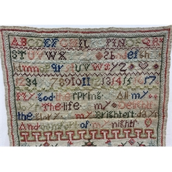 Victorian sampler worked with the alphabet, verse, tree and flowers Hannah D Camplejohn, aged 9, framed 30cm x 33cm 