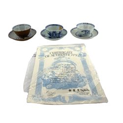 Three Chinese 18th century Nanking Cargo porcelain tea bowls and saucers, all but one bearing Christies lot labels beneath and with certificates 