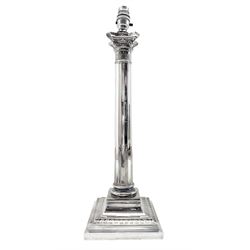 Edwardian silver-plated Corinthian column table lamp, the Corinthian Order capital above a moulded and multifaceted tapering column, upon swept square base with moulded border, converted to electricity, H43.5cm excluding fitting