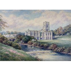 George Fall (British 1848-1925): Fountains Abbey with Anglers, watercolour signed 26cm x 36cm