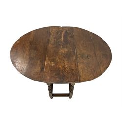 18th century oak drop-leaf dining table, oval top over gate-leg action, fitted with single drawer, raised on turned supports united by stretchers