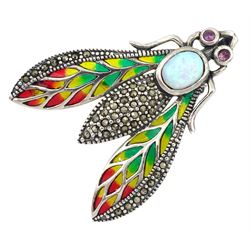 Silver plique-a- jour, ruby, opal and marcasite bug brooch, stamped 925