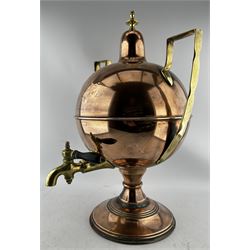 Early to mid 19th century copper and brass samovar, of two handled globular form on circular pedestal foot with brass tap and ebonised handle, H50cm