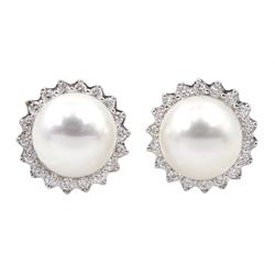 Pair of 9ct white gold cultured pearl and diamond cluster stud earrings