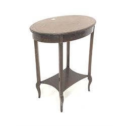 Edwardian mahogany oval occasional table, painted with floral decoration, with single drawer, raised on shaped square tapered supports united by under tier 66cm x 44cm, H74cm