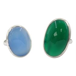 Silver blue chalcedony ring and a silver green agate ring, both stamped 925