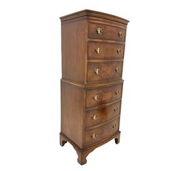Georgian style figured walnut bow front chest on chest, three cock beaded graduated drawers over three further drawers to base, raised on bracket supports W57cm, H132cm, D42cm