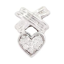 14ct white gold pave set round brilliant cut diamond heart kiss pendant, stamped