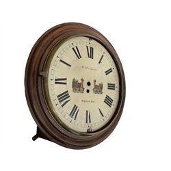 W. Moorhouse of Wetherby -  single fusee movement wall clock c 1830, with a mahogany wooden dial bezel, 14” painted dial, Roman numerals, minute track and a painted depiction of two identical river bridges within a brass bezel.