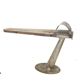 James Armstrong and co, LTD London - Vintage industrial ironing board with hardwood top raised on cast metal base, L140cm