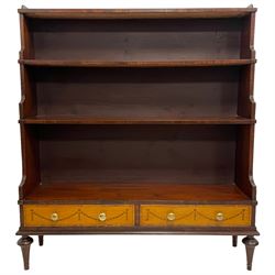 Sheraton Revival - 20th century mahogany waterfall open bookcase, four shelves over two drawers with satinwood front inlaid with bellflowers, on turned tapering feet
