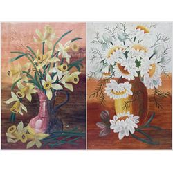 English School (Early to mid-20th century): Still Life of Daffodils and Giant Daisies in Vases, pair oils on canvas and board unsigned, housed in matching frames 52cm x 33cm (2)