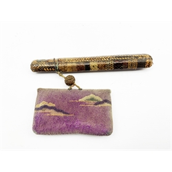 19th century Japanese embroidered tobacco pouch (tabako-ire) with bronze mae-kanagu in the form of fruit, carved ojime bead and woven bamboo pipe case (Kiseruzutsu) L22cm