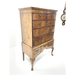 18th century and later walnut chest on stand, projecting moulded cornice over two short and three long drawers, stand fitted with three small drawers above shaped apron, on cabriole supports, W97cm, H155cm, D52cm