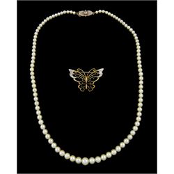 9ct gold sapphire and diamond butterfly brooch, hallmarked and a single strand graduating pearl necklace, with silver clasp