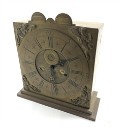  18th century and later brass clock, the dial stamped 'Jn Clayton, Prescott' with Roman numeral and Arabic chapter ring, with later 8 day movement, striking hammer on gongs, W37cm  