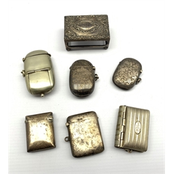 Plated combination vesta and sovereign case, another, four silver vesta cases and a silver match box holder