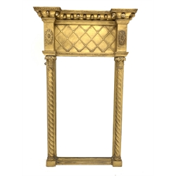 Regency gilt wood and gesso framed pier glass mirror, globular projecting cornice, barley twist upright pilasters with acanthus capitals, bevelled mirror plate, 52cm x 86cm