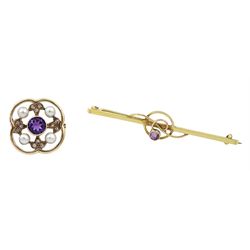 9ct gold amethyst, diamond and pearl brooch, stamped 375 and an early 20th century 9ct gold stone set bar brooch, boxed